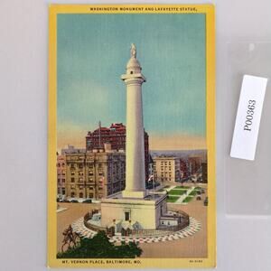 Washington Monument Lafayette Statue Mt Vernon Baltimore MD 1940s Linen Postcard
